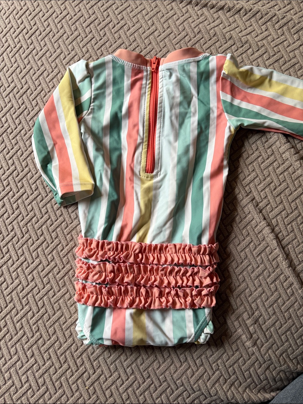 Ruffle Butts Coral Mint Yellow Striped Ruffle One‑Piece Swimsuit